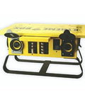 Pro Grade Job Site Power Distribution Workhorse With Beefy Durable Exterior And Six Nema L5 20r Plus One L6 30 Locking Receptacles Built Rugged For Any Rough Crew in yellow with multiple power outlets.