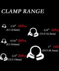 Heavy Duty Nylon Hose Clamps Set With Double Snap Grip And Ratcheting Adjustment 50 Pack Includes One Quarter Inch Five Sixteenth Inch One Half Inch Five Eighth Inch And One Inch Sizes For Secure Fastening Reusable And Easy To Install shown in size range diagram.