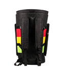 Road Warrior Djembe Drum Backpack With Waterproof Oxford Weave For 13 Inch African Percussion Street Tested Gig Bag showing straps and colorful side accents.