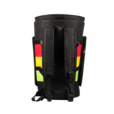 Road Warrior Djembe Drum Backpack With Waterproof Oxford Weave For 13 Inch African Percussion Street Tested Gig Bag showing straps and colorful side accents.