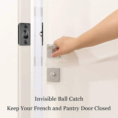 Invisible Drive-In Closet Ball Catch Hardware, 2 Pack Black Finish in door, nearly hidden with hand on handle, stainless steel