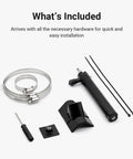 All components of Universal Solar Panel Pole Mount With Extended Adjustable Arm For Ring Eufy Arlo Wyze Reolink Panels No Drilling Required Downspout Or Rail Mount Multi Angle Tilt Easy Setup And Direct Sun Optimization