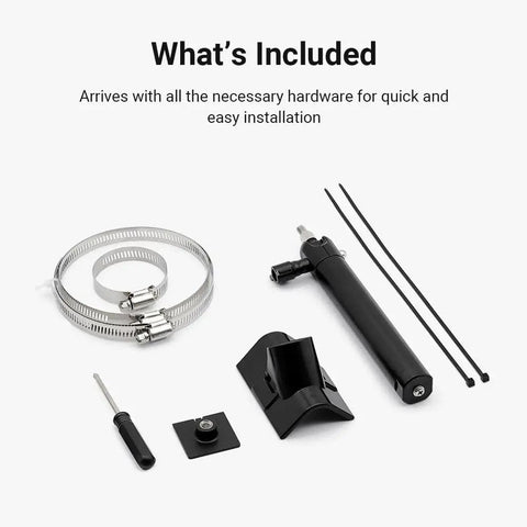 All components of Universal Solar Panel Pole Mount With Extended Adjustable Arm For Ring Eufy Arlo Wyze Reolink Panels No Drilling Required Downspout Or Rail Mount Multi Angle Tilt Easy Setup And Direct Sun Optimization