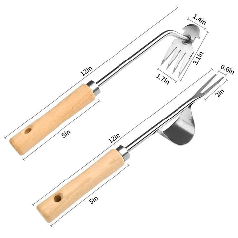 Two Pack Stainless Steel Hand Weeder Tools For Garden And Farm With V Shape Weeder And Four Teeth Weed Puller Wood Handles