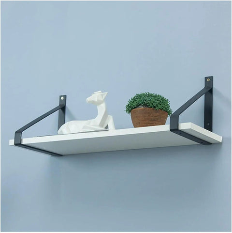 Steel Corner Bracket Wall Mounted Shelf Support Triangular Iron Brackets Set Of Two Black Metal Rack holding a white shelf with decor.