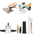 Six Piece Double Head Metal Nibbler Cutter Kit For Thin Sheets With Hole Saw Drill Attachment and tools for straight or curved cuts.