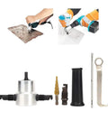 6 Piece Nibbler Cutter and Hole Saw Drill Attachment Kit compatible with electric or air drills shows various attachments for metal cutting.