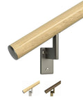 Close-up of Oak 3-Foot Flush Handrail Kit for Indoor Stairs with 1.6-inch round wood-wrapped aluminum rail and matte nickel pivot bracket.