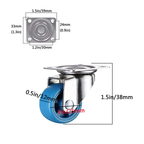 Rollin Tough Heavy Duty Castor Wheels Four Pack With Slick Nylon Rollers And Beefy Steel Mounting Plates For Couch Moves Shop Gear Ups And Weekend Hustles Delivering Smooth 360 Spin In Bright Blue, showcasing detailed measurements.