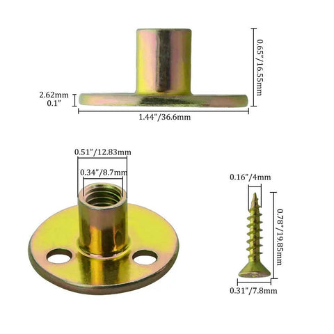 Heavy Duty 64 Pack 3/8 Inch Tee T Nuts With Round Flange Base And Mounting Screws Corrosion Resistant Hardware on display, showing dimensions.