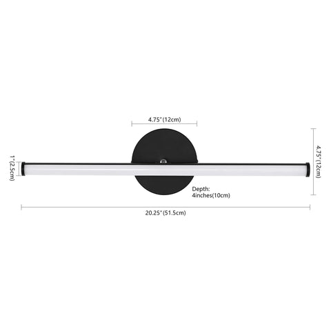 Black Aluminum Integrated LED Vanity Light With 360 Degree Rotatable Arm One Light Dimmable Modern Industrial Wall Sconce, dimensions shown