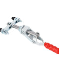 Ultimate Double Ended Iron Push Pull Clamp For Welding Jobs And Metal Shaping Tasks Offers Secure Grip With Adjustable Rubber Heads For Vertical Or Horizontal Use In Any Heavy Duty Shop Setting showing grip handle and adjustable ends.