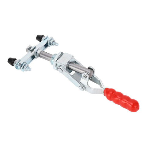 Ultimate Double Ended Iron Push Pull Clamp For Welding Jobs And Metal Shaping Tasks Offers Secure Grip With Adjustable Rubber Heads For Vertical Or Horizontal Use In Any Heavy Duty Shop Setting showing grip handle and adjustable ends.