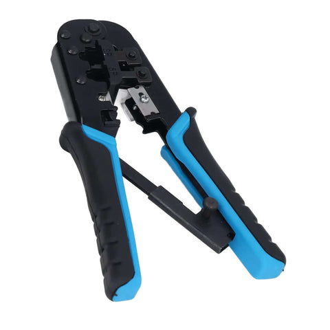 Ratcheting Crimping Tool For 8P And 6P Heads With Protective Device, Durable Blue Black Alloy Steel Build, Ergonomic Handle