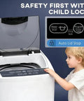 Fully Automatic Portable Washing Machine And Spin Dryer Combo With 14 Lbs Capacity Built For Dorms Apartments And Tiny Rvs featuring safety controls and child lock near a child.