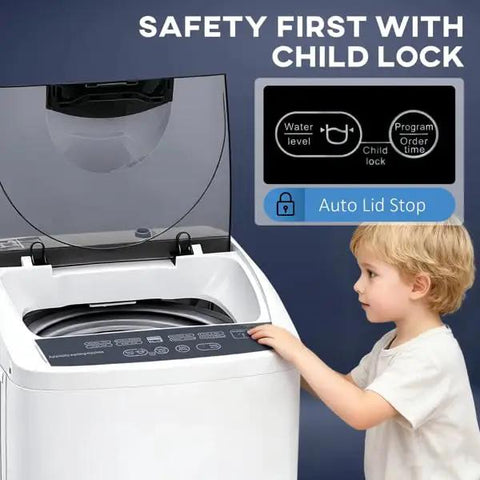 Fully Automatic Portable Washing Machine And Spin Dryer Combo With 14 Lbs Capacity Built For Dorms Apartments And Tiny Rvs featuring safety controls and child lock near a child.