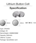 Hella Reliable 20 Pack CR2450 3V Lithium Coin Batteries showing size specifications and design details for various uses.