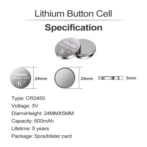 Hella Reliable 20 Pack CR2450 3V Lithium Coin Batteries showing size specifications and design details for various uses.