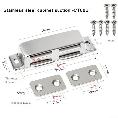 Stainless Steel Cabinet Magnetic Catch Latch For Wardrobe And Cupboard Doors Push To Open dimensions and parts shown