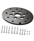 Universal Guide Bushing Router Template Plate 6.42 Inch Diameter With 1.25 Inch Center Hole Durable Polypropylene Construction Includes Mounting Hardware and screws.