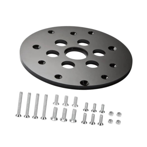 Universal Guide Bushing Router Template Plate 6.42 Inch Diameter With 1.25 Inch Center Hole Durable Polypropylene Construction Includes Mounting Hardware and screws.