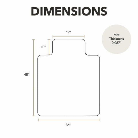Dimensions diagram of Clear Carpet Office Chair Mat With Extended Lip 36x48 Inches For Easy Glide Protect Your Carpeted Floors From Rolling Desk Chair Anti Skid Top Surface With Gripping Underneath For Home And Office. Mat thickness 0.087 inches.