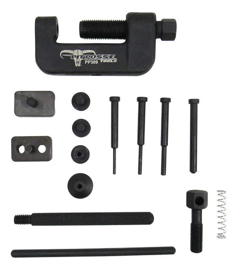 Motorcycle Chain Breaker And Riveting Tool Kit With 16-Piece Set, Carrying Case Included, Durable components displayed on white background