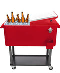 80 Qt Rolling Cooler Ice Chest Cart With Bottle Opener And Bottom Shelf For Backyard Patio Parties, red, with drinks in ice