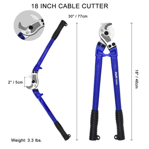 Industrial Grade 18 Inch Cable Cutters Heavy Duty T8 Alloy Steel Wire Cutters with blue handles and silver cutting head.