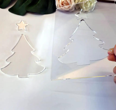 Premium Christmas Lantern Router Templates For Woodworking Shops, 1/4 Thick Clear Acrylic Stencils 5.5 By 8 Inches showing tree and star shapes.