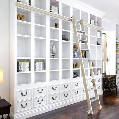 Heavy Duty Carbon Steel Sliding Ladder Track Kit With 19.7 Foot Telescopic Rail And Pulleys For Library And Home Use installed on bookshelf