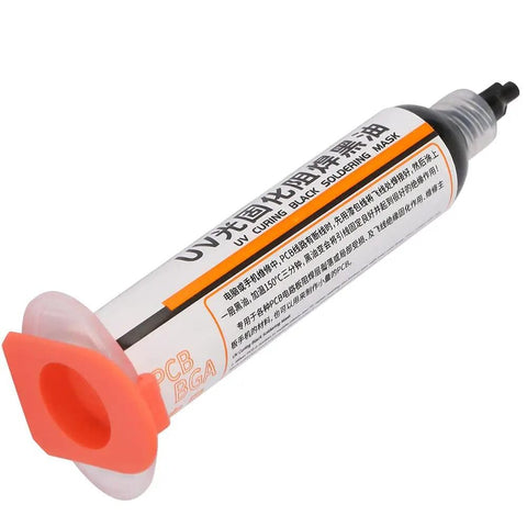 Light Curing Solder Mask Ink In Black For PCB And BGA Repair in a syringe tube with orange tip, UV Cure Solder Resist.
