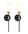 Industrial Mid Century Wall Sconce Set Of 2 With White Cylinder Glass Shades For Modern Bathroom Vanity In Matte Black And Brushed Brass