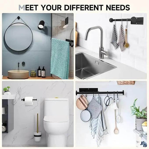 Self Adhesive Paper Towel Holder Wall Mount No Drill Easy Install Heavy Duty SUS304 Stainless Steel Black Finish displayed in various rooms
