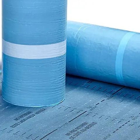 Hassle Free Peel And Stick Roof Underlayment Mid Ply Membrane roll details showing blue exterior for quick install.