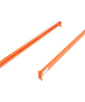 Extra shelf beams for Tough As Nails Teardrop Pallet Rack Starter Unit, heavy duty orange steel beams for warehouse shelving.