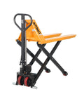 Heavy Duty Scissor Pallet Jack With 45 Inch Forks And 21 Inch Wide, Lifts Up To 31.5 In, Ergonomic Three Position Handle With Lower Slow Lift Fast Lift, 7.1 Inch Polyurethane Steering Wheels, Dual 2.9 Inch Fork Wheels, Leak Proof Hydraulic System in raised side view