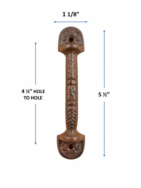 Hella Sturdy Cast Iron Drawer Pulls Set Of Ten Rustic Brown Cabinet Handles Measuring Five Half Inches Long With Four Quarter Inch Spacing For Home Renovations And Furniture Fixes, close-up view showing dimensions.