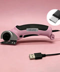 Heavy Duty Cordless Electric Scissors With Fast Usb Rechargeable Power And Self Sharpening Steel Blades For Slick Cuts Through Denim Fabric Leather Carpet And Stubborn Cardboard In Nifty Pink on a pink background.