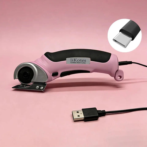 Heavy Duty Cordless Electric Scissors With Fast Usb Rechargeable Power And Self Sharpening Steel Blades For Slick Cuts Through Denim Fabric Leather Carpet And Stubborn Cardboard In Nifty Pink on a pink background.