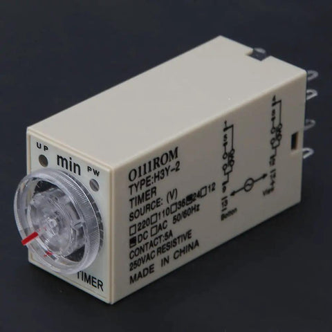 Built Tough H3Y2 Time Relay 8 Pin Base 24 Volts Adjustable Electronic Timer with clear dial for appliance control.