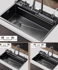 Multifunctional Stainless Steel Waterfall Faucet for Large Single Bowl Sinks - Honeycomb Pattern Design, Easy Installation and Durable Performance on black sink.