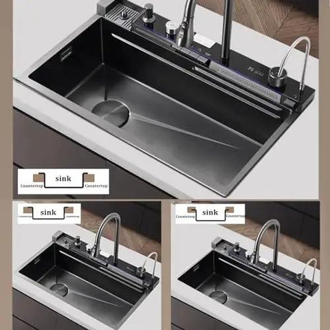 Multifunctional Stainless Steel Waterfall Faucet for Large Single Bowl Sinks - Honeycomb Pattern Design, Easy Installation and Durable Performance on black sink.