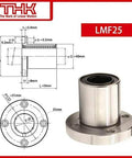 Flanged Linear Bearing Bushing LMF25UU Chrome Steel SAE 52100 With Rubber Sealed Closure, 59mm Length, technical specs included.