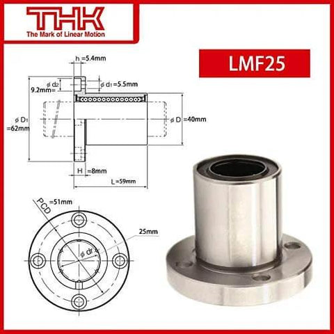 Flanged Linear Bearing Bushing LMF25UU Chrome Steel SAE 52100 With Rubber Sealed Closure, 59mm Length, technical specs included.