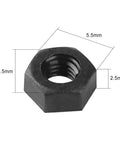 100 Pack Premium Black Plastic Hex Nuts M3 0.5 Millimeter Coarse Thread Fasteners detailed view, 5.5mm wide, 2.5mm tall.