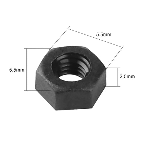 100 Pack Premium Black Plastic Hex Nuts M3 0.5 Millimeter Coarse Thread Fasteners detailed view, 5.5mm wide, 2.5mm tall.