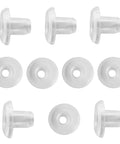 Ten semitransparent white bottom rail cord button plugs for wood and faux wood blinds and 1 inch mini blinds with five sixteenth inch hole.