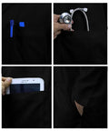 Close-up of pockets on personalized black lab coat for men and women, unisex medical lab coat with embroidery, showing storage options.