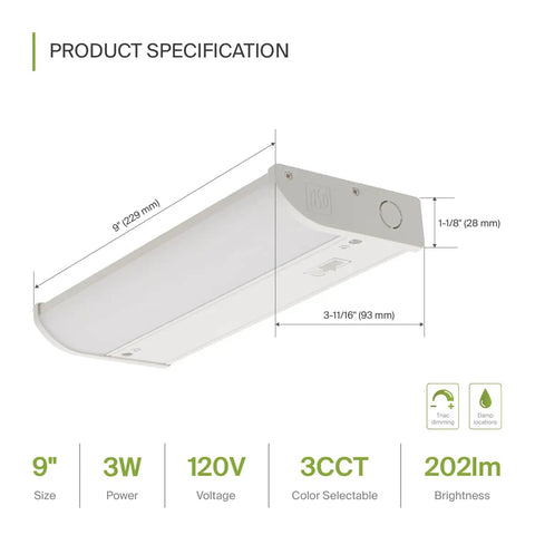 Dimmable 9 Inch Under Cabinet LED Lights For Kitchen No Fuss Easy Install, 3W 202 Lumens, Three Color Temps, product dimensions